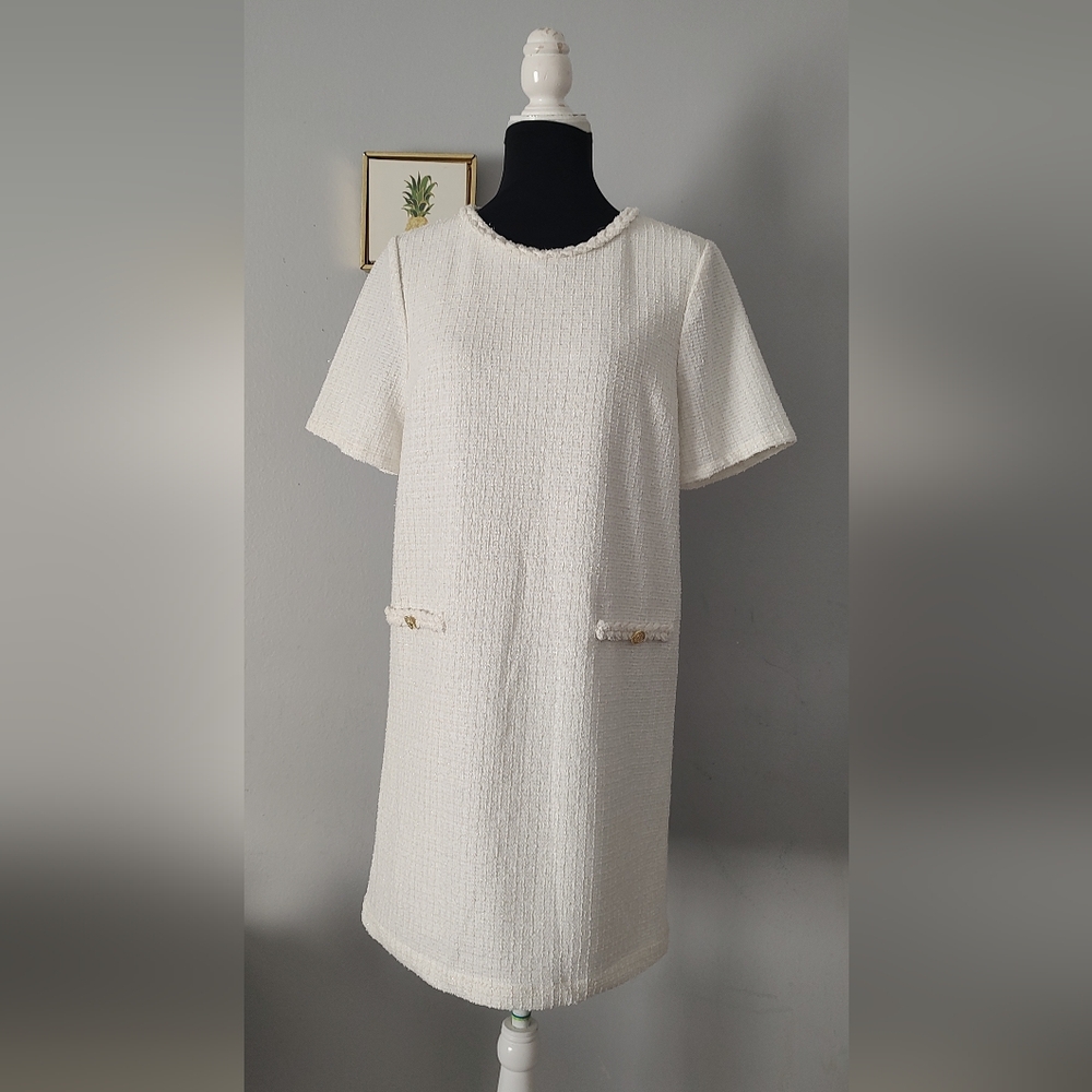 Casual Dress Tweed Rachel Zoe White Short Sleeve Size Medium Zipper New Out tags